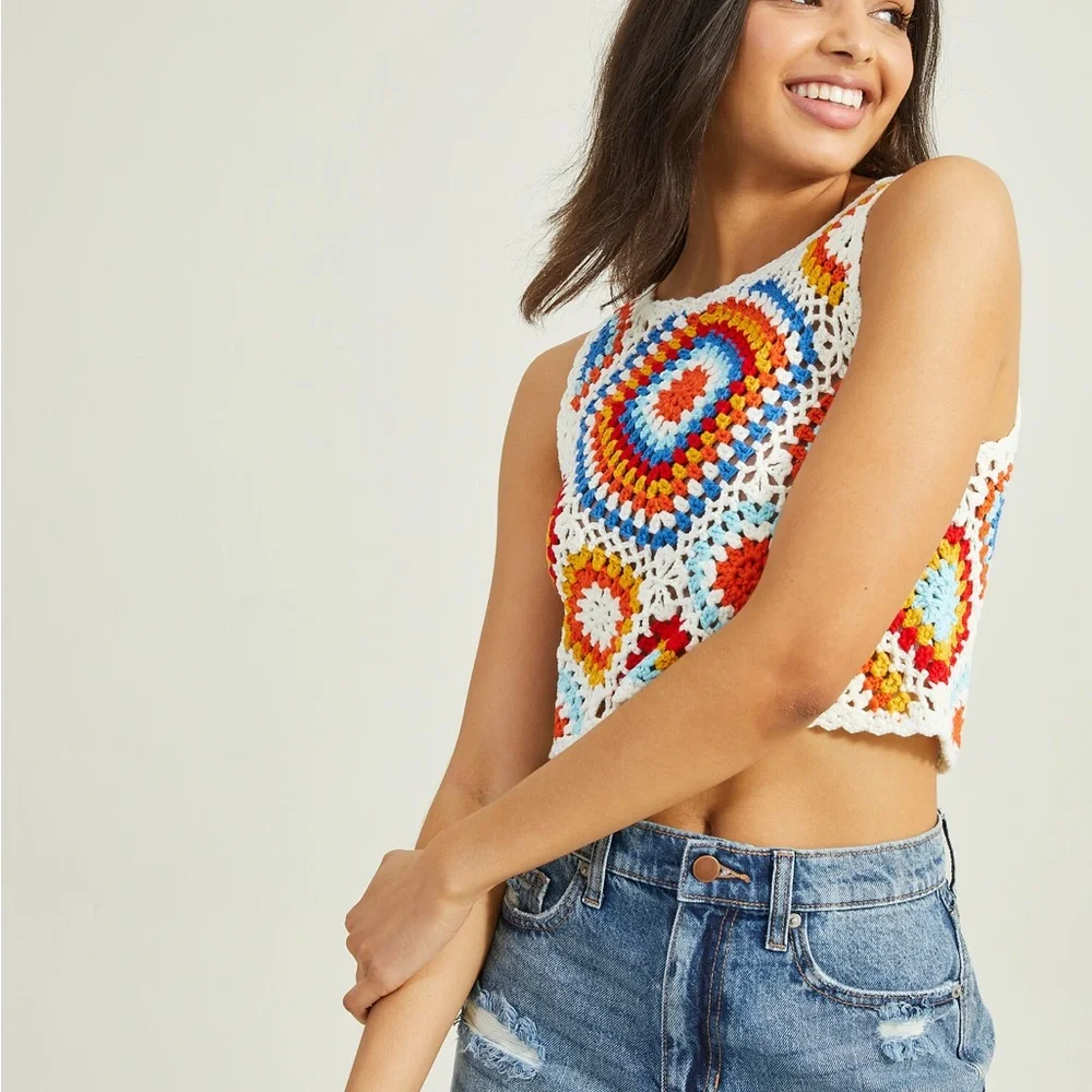 SOLD Altar’d State Crochet Knit Colorful Vibrant Boho Sleeveless Crop Top Small - Picture 3 of 7